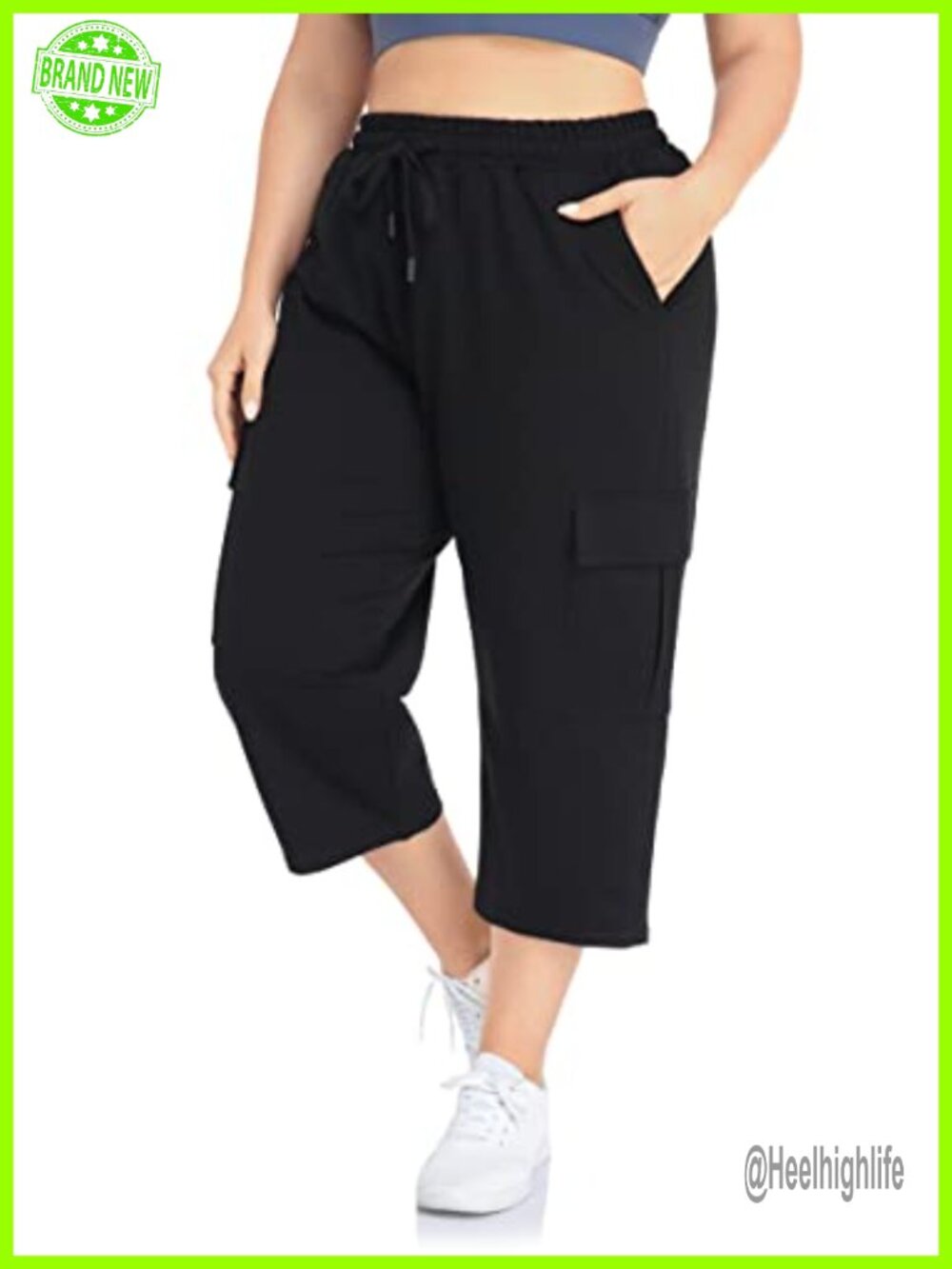 Plus Size Cargo Capri Sweatpants Active Workout Crop Pants Drawstring Pockets